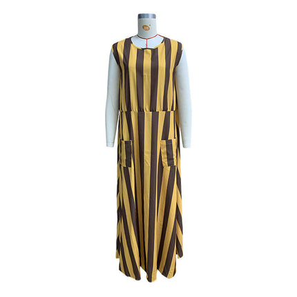 Women Summer Stripes Crew Neck Sleeveless Casual Loose Long Maxi Dress with Pockets