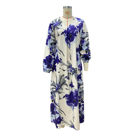 Womens Summer Midi Dress Long Sleeve V Neck Boho Floral Casual Loose Dresses