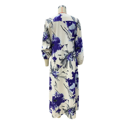 Womens Summer Midi Dress Long Sleeve V Neck Boho Floral Casual Loose Dresses