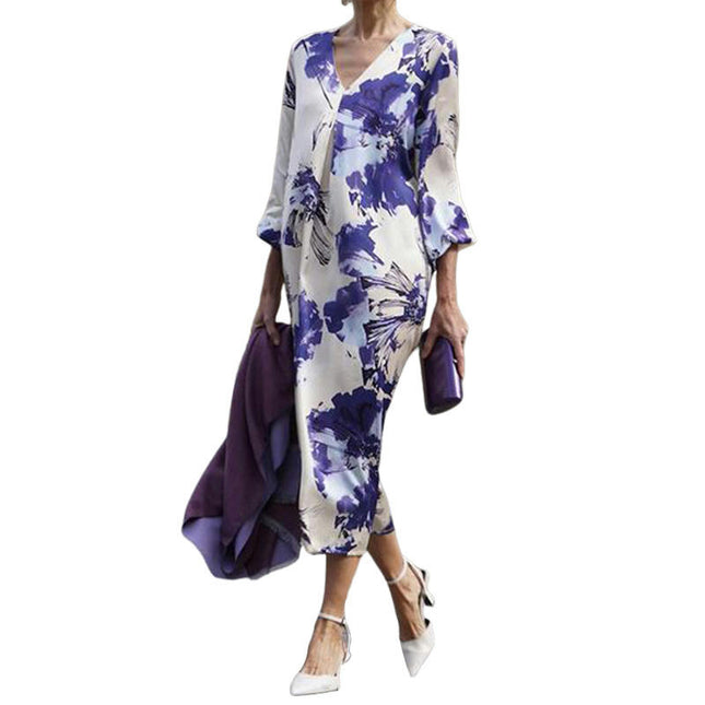 Womens Summer Midi Dress Long Sleeve V Neck Boho Floral Casual Loose Dresses