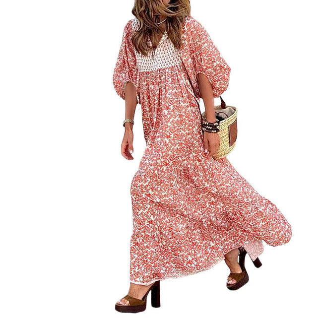 Women's Summer Boho Floral Print V Neck Puff Short Sleeves Swing Beach Long Maxi Dress