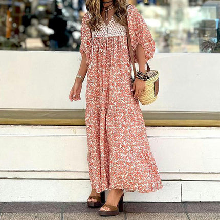 Women's Summer Boho Floral Print V Neck Puff Short Sleeves Swing Beach Long Maxi Dress