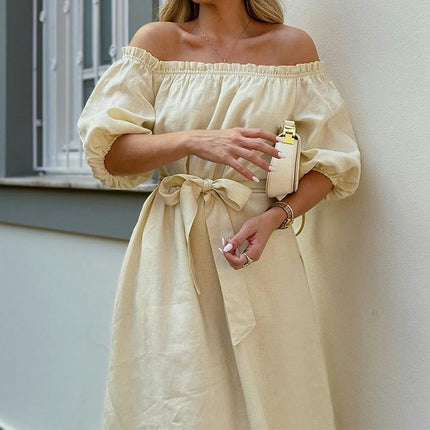 Women's Summer Boho Midi Dress Off Shoulder Puff Sleeve Ruffle Beach Long Flowy Dresses