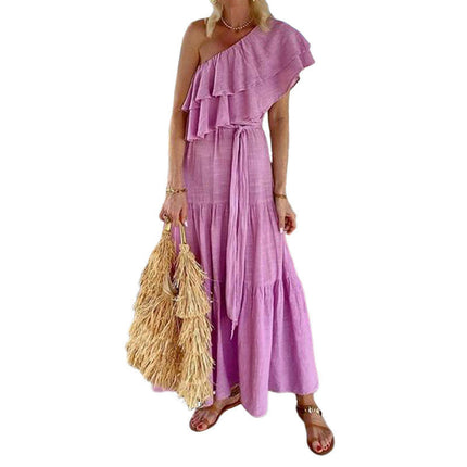 Women's Summer Dress Casual Ruffle One Shoulder Tiered Flowy Beach Boho Maxi Dresses