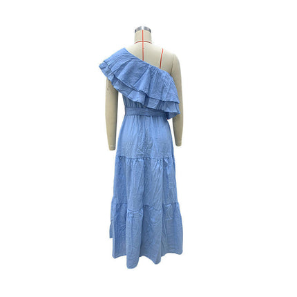 Women's Summer Dress Casual Ruffle One Shoulder Tiered Flowy Beach Boho Maxi Dresses