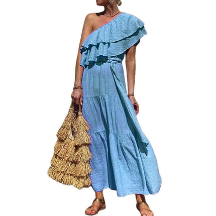 Women's Summer Dress Casual Ruffle One Shoulder Tiered Flowy Beach Boho Maxi Dresses