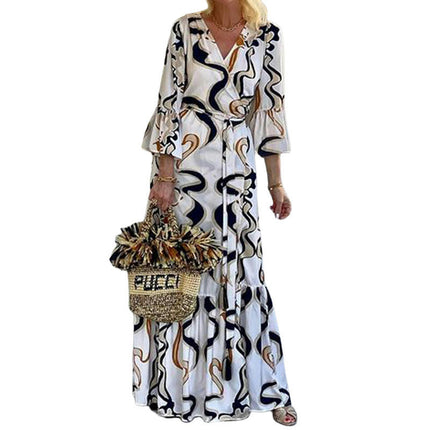 Women Summer Long Dresses 3/4 Sleeve V Neck Boho Floral Ruffled Beach Maxi Dress