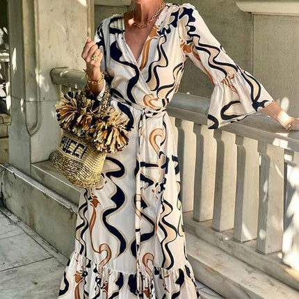 Women Summer Long Dresses 3/4 Sleeve V Neck Boho Floral Ruffled Beach Maxi Dress