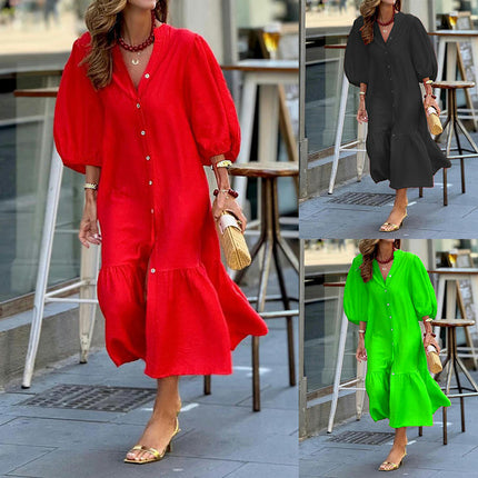 Women's Summer Button-Down V Neck Dress Loose Puff Sleeve Ruffled Midi Dresses