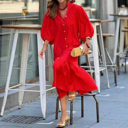 Women's Summer Button-Down V Neck Dress Loose Puff Sleeve Ruffled Midi Dresses