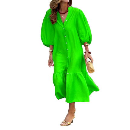 Women's Summer Button-Down V Neck Dress Loose Puff Sleeve Ruffled Midi Dresses