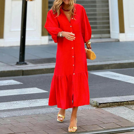 Women's Summer Button-Down V Neck Dress Loose Puff Sleeve Ruffled Midi Dresses