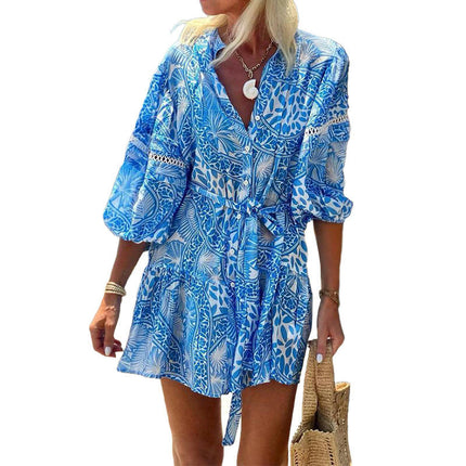 Women's Summer Button-Down V Neck Dress Puff Sleeve Tie Ruffled Mini Dresses