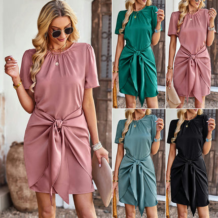 Women's Short Satin Dress Summer Short Sleeve Crew Neck Tie Waist Cocktail Party Dresses