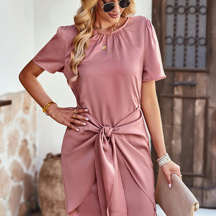 Women's Short Satin Dress Summer Short Sleeve Crew Neck Tie Waist Cocktail Party Dresses