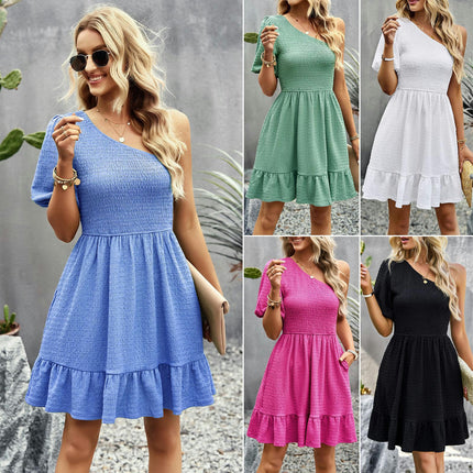 Women Summer One Shoulder Dresses Casual Boho Smocked Ruffle Beach Swing Mini Dress