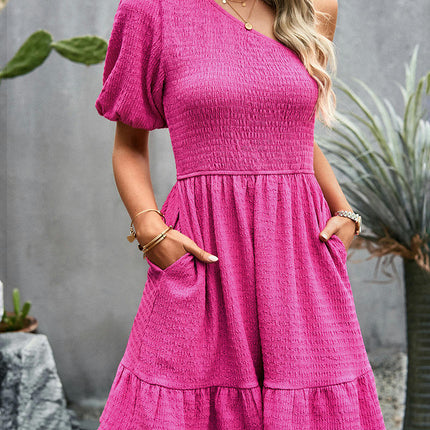 Women Summer One Shoulder Dresses Casual Boho Smocked Ruffle Beach Swing Mini Dress