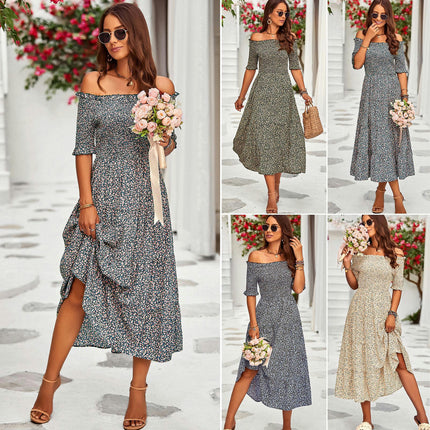 Women's Boho Floral Summer Dresses Off The Shoulder Short Sleeve Smocked Ruffled Maxi Dress