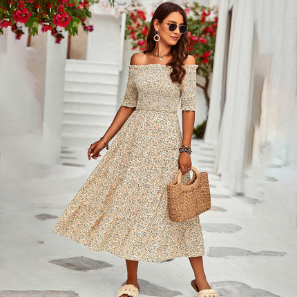 Women's Boho Floral Summer Dresses Off The Shoulder Short Sleeve Smocked Ruffled Maxi Dress