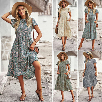 Women Casual Summer Dress Crew Neck Short Sleeve High Waist Ruffle A-Line Midi Dress