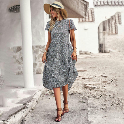 Women Casual Summer Dress Crew Neck Short Sleeve High Waist Ruffle A-Line Midi Dress