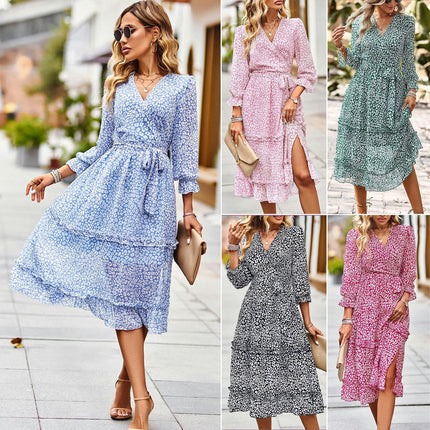 Women Boho Summer V Neck 3/4 Sleeves Tie Waist Ruffle A-Line Flowy Midi Dress