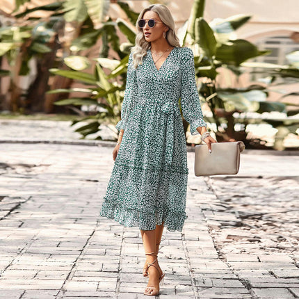 Women Boho Summer V Neck 3/4 Sleeves Tie Waist Ruffle A-Line Flowy Midi Dress