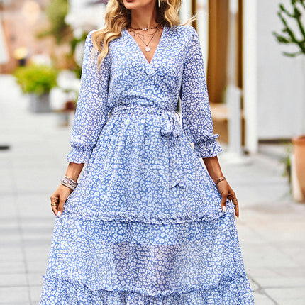 Women Boho Summer V Neck 3/4 Sleeves Tie Waist Ruffle A-Line Flowy Midi Dress