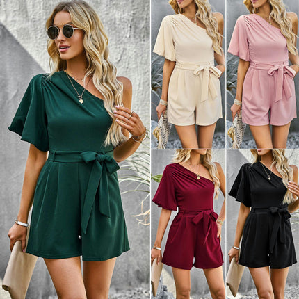 Women's Summer Short Sleeve One Shoulder Pockets Belted Dressy Jumpsuit Rompers