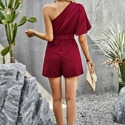 Women's Summer Short Sleeve One Shoulder Pockets Belted Dressy Jumpsuit Rompers