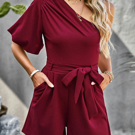 Women's Summer Short Sleeve One Shoulder Pockets Belted Dressy Jumpsuit Rompers