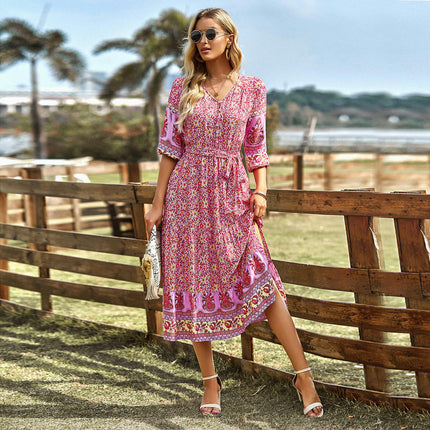 Women Boho Floral Summer Dresses V Neck 3/4 Sleeves Tie Waist Flowy Midi Dress