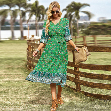 Women Boho Floral Summer Dresses V Neck 3/4 Sleeves Tie Waist Flowy Midi Dress