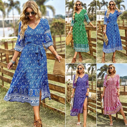 Women Boho Floral Summer Dresses V Neck 3/4 Sleeves Tie Waist Flowy Midi Dress