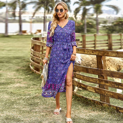 Women Boho Floral Summer Dresses V Neck 3/4 Sleeves Tie Waist Flowy Midi Dress