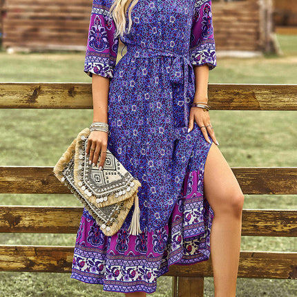 Women Boho Floral Summer Dresses V Neck 3/4 Sleeves Tie Waist Flowy Midi Dress