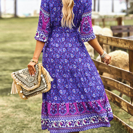 Women Boho Floral Summer Dresses V Neck 3/4 Sleeves Tie Waist Flowy Midi Dress