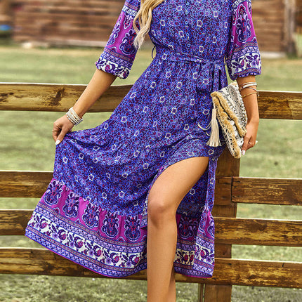 Women Boho Floral Summer Dresses V Neck 3/4 Sleeves Tie Waist Flowy Midi Dress