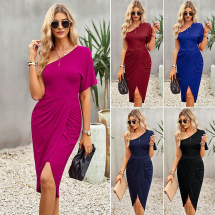 Women's Summer One Shoulder Short Sleeve Cocktail Dresses Sexy Bodycon Ruched Slit Midi Dress