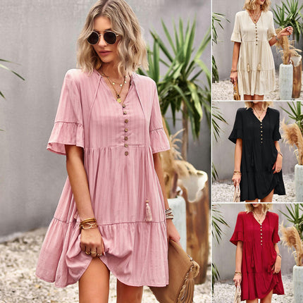 Womens V Neck Ruffle Tiered Dress Short Sleeve Babydoll Swing Mini Dresses Sundresses