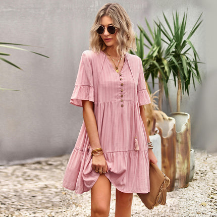 Womens V Neck Ruffle Tiered Dress Short Sleeve Babydoll Swing Mini Dresses Sundresses