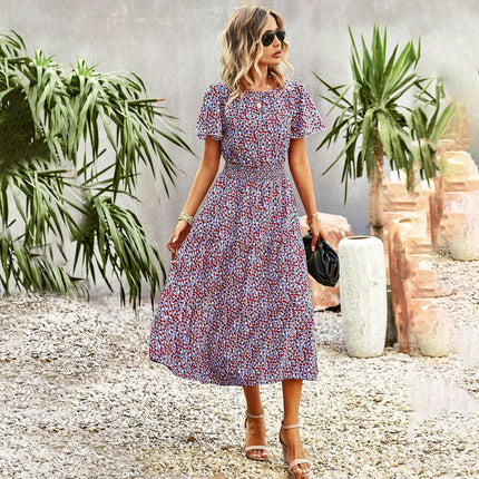 Women Summer Floral Midi Dress Casual Short Sleeve Crew Neck Ruffle Flowy Boho Dresses