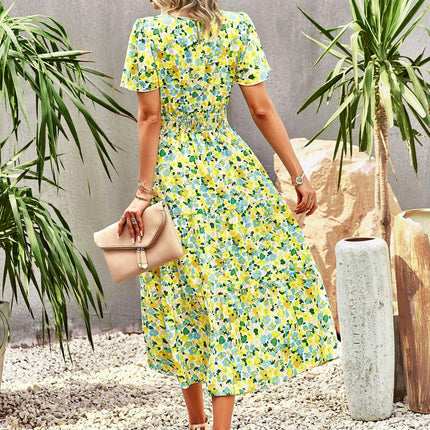 Women Summer Floral Midi Dress Casual Short Sleeve Crew Neck Ruffle Flowy Boho Dresses