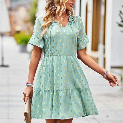 Womens Summer Mini Dress V Neck Short Sleeve A Line Ruffle Cute Casual Beach Dresses