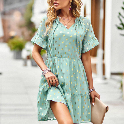 Womens Summer Mini Dress V Neck Short Sleeve A Line Ruffle Cute Casual Beach Dresses