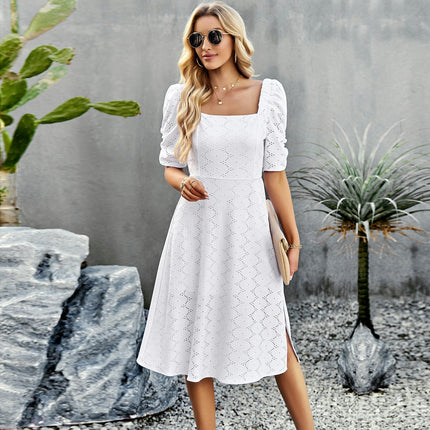 Women's Summer Puff Short Sleeve Midi DressSquare Neck Split Dresses