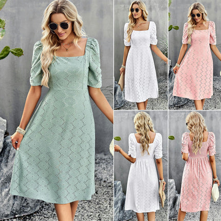 Women's Summer Puff Short Sleeve Midi DressSquare Neck Split Dresses