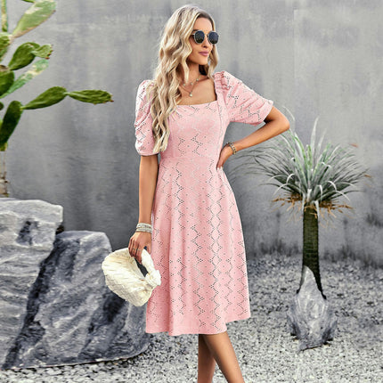 Women's Summer Puff Short Sleeve Midi DressSquare Neck Split Dresses