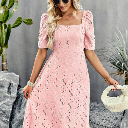 Women's Summer Puff Short Sleeve Midi DressSquare Neck Split Dresses