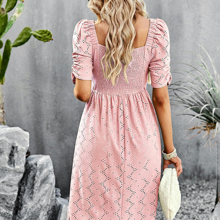 Women's Summer Puff Short Sleeve Midi DressSquare Neck Split Dresses